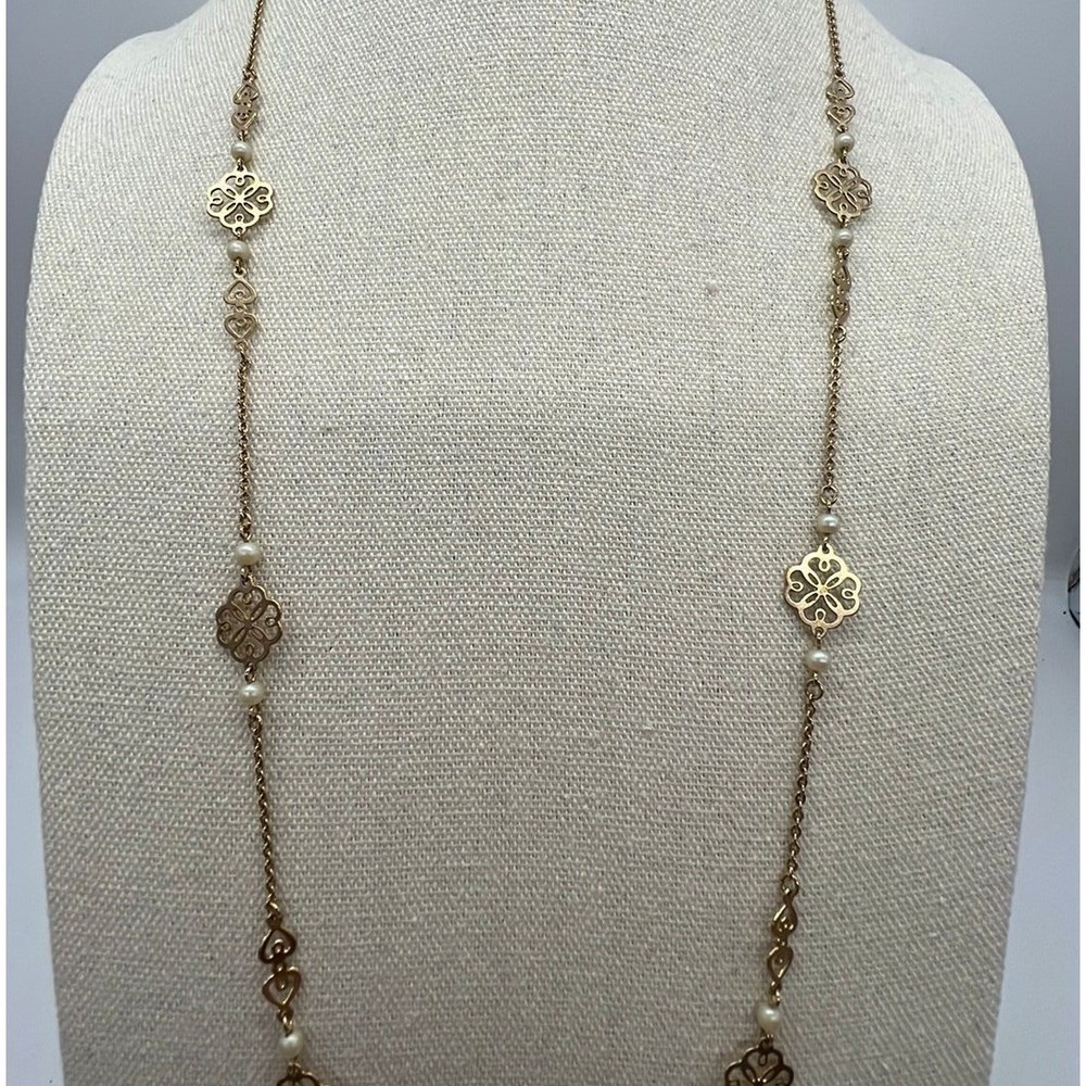 Boho Gold Filigree Faux Pearl Necklace 30" Cottagecore Fairycore Romantic 30in